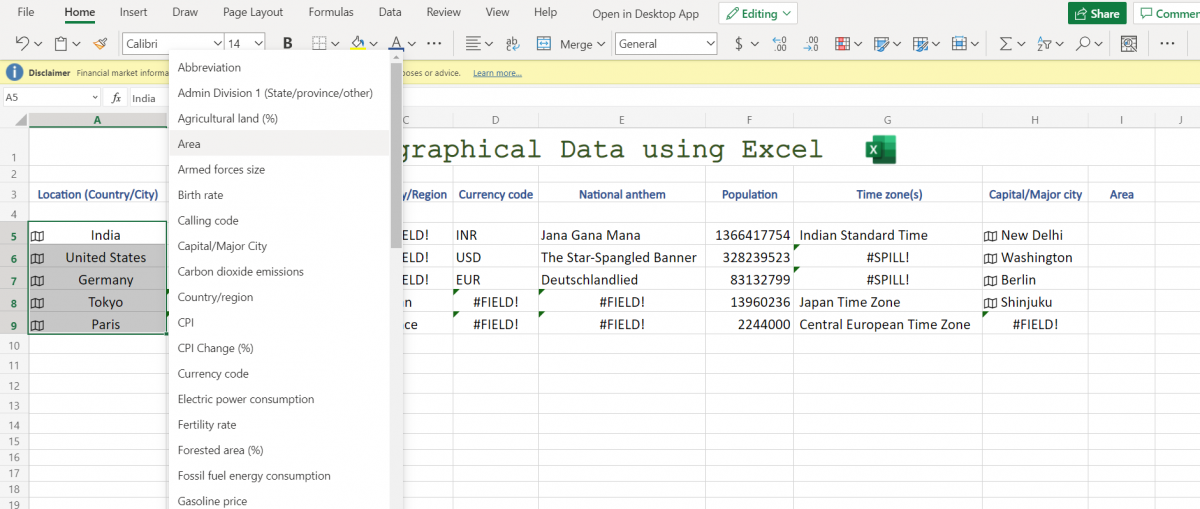 Selecting Geography data parameter