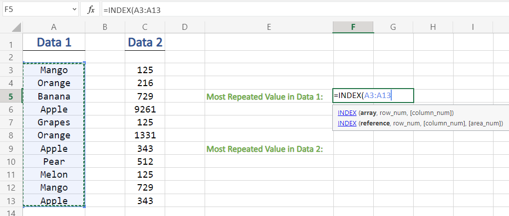 Selecting Values In INDEX Function in Excel