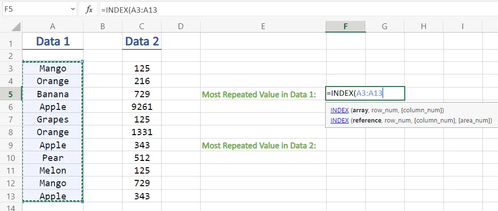 Selecting Values In INDEX Function in Excel