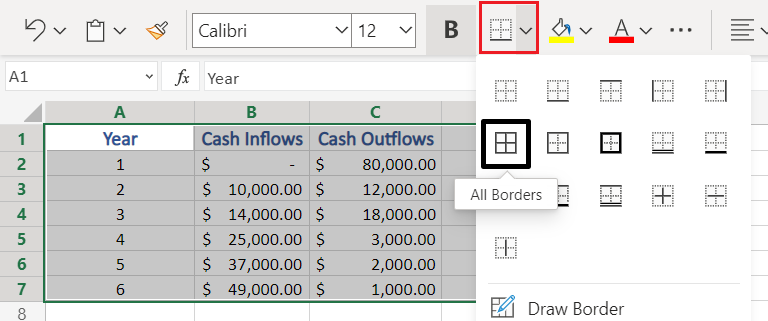 Applying Borders to the cells in Excel