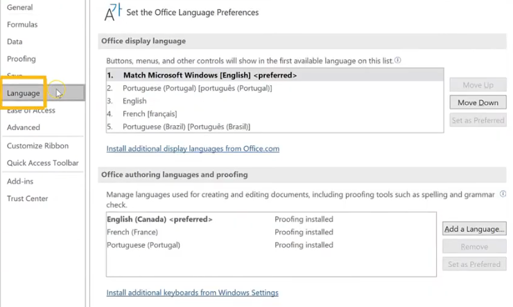 Choose Language from options in Excel