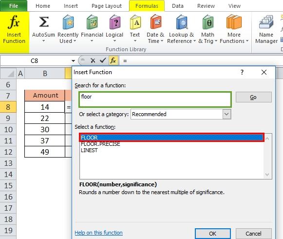 Inserting the floor function in Excel