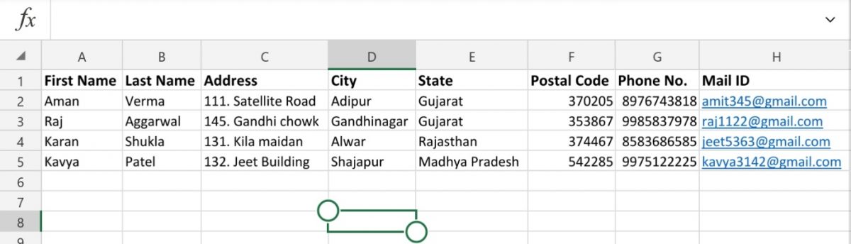Sample data to print address labels in Excel