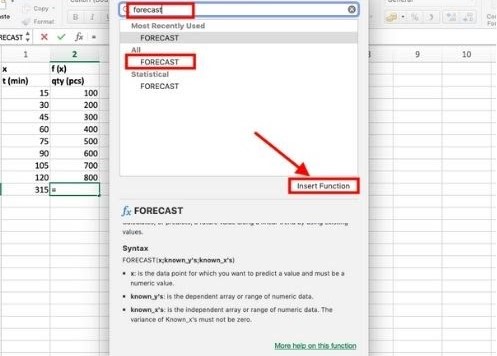 insert forecast function in Excel 1