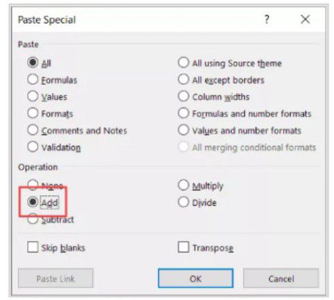 Add operation in Excel in Paste Format