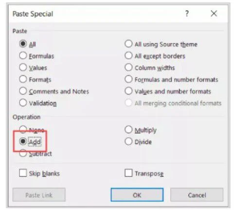 Add operation in Excel in Paste Format