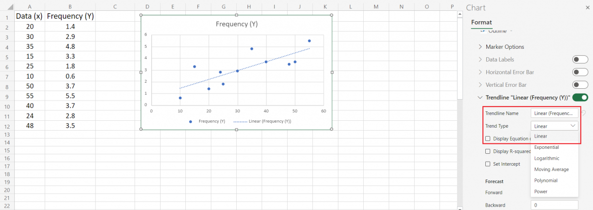 Selecting Linear Trend type in Excel chart