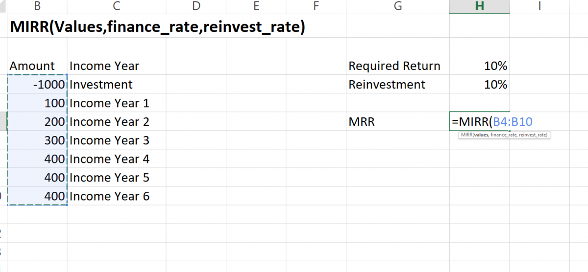Entering Values (Cash Flow) in MIRR function