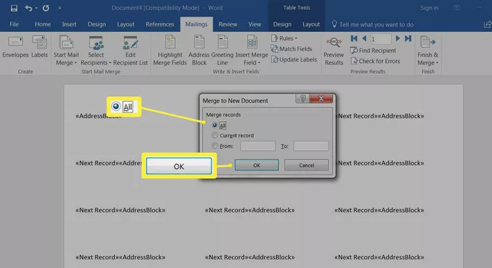 Merge to new document a label