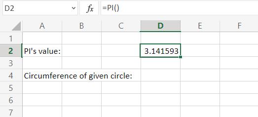 value of PI function in Excel