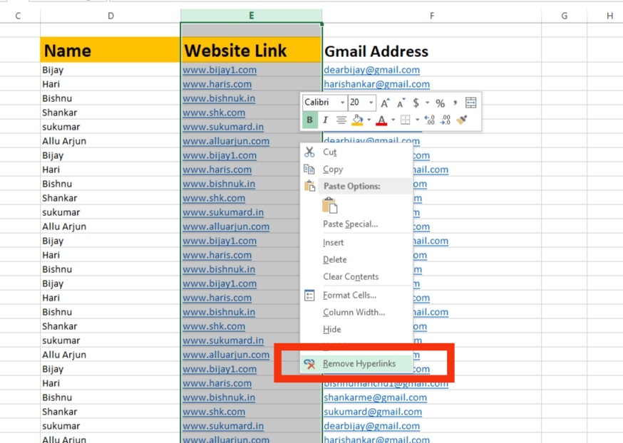 Remove multiple hyperlink in Excel 2013