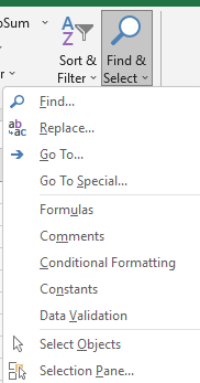 Find and select in Excel