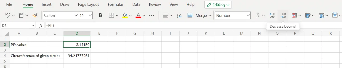 PI function in Excel - A Complete Guide 5 Increase or Decrease, Decimal places of a value in Excel