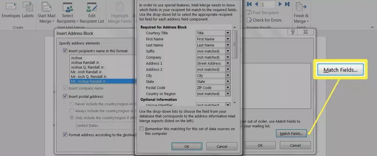 Match Fields in word