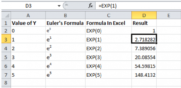Exp function in excel how to use e in excel euler s number 