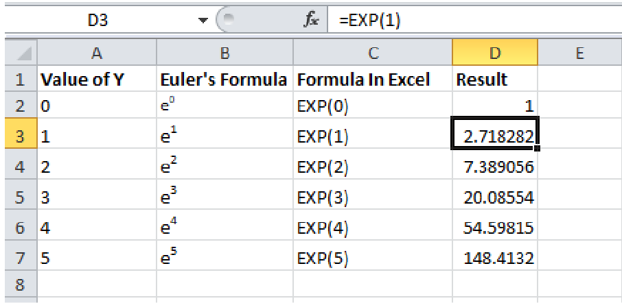Sample data to calculate e in excel