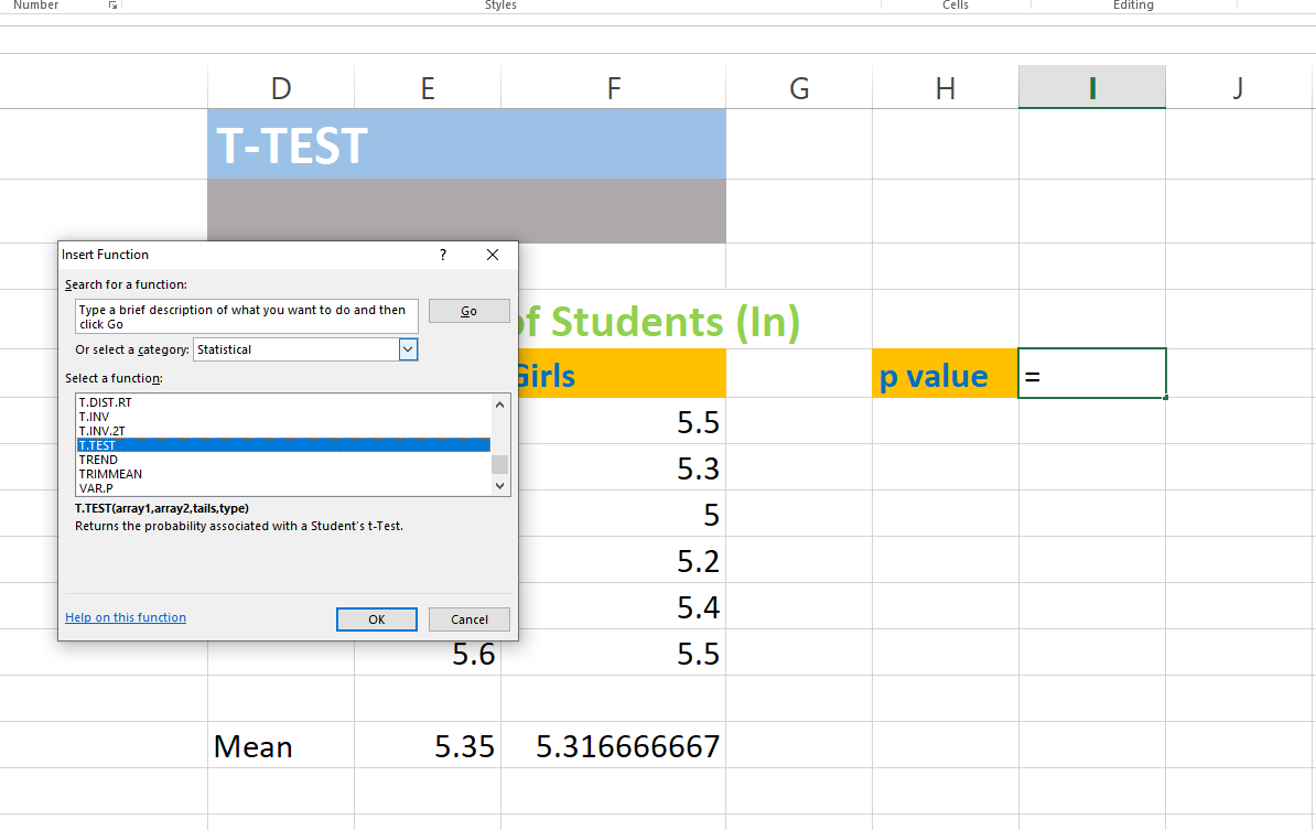 Selecting T test function in excel
