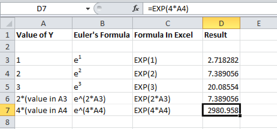 value of e raised to complex formula in excel
