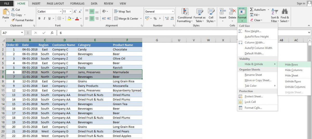 Choosing Hide Rows Option