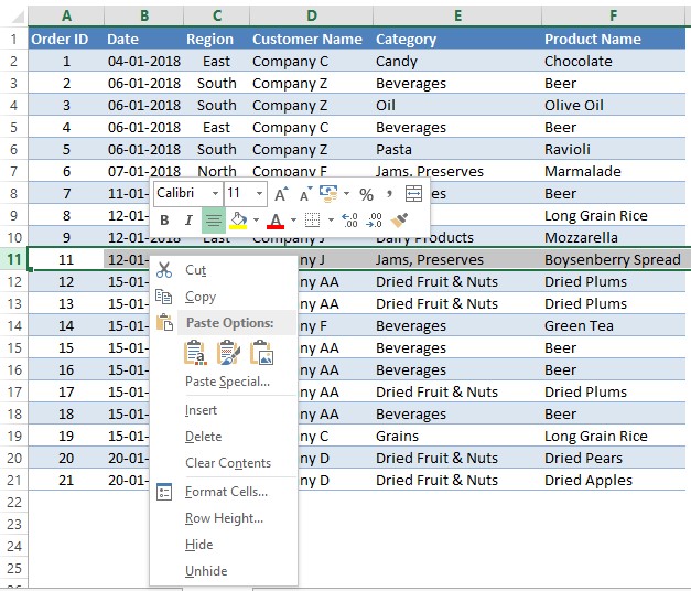 Right Clicking on the Selected Row