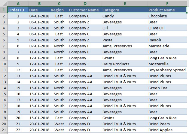 Selecting the Header Row 1