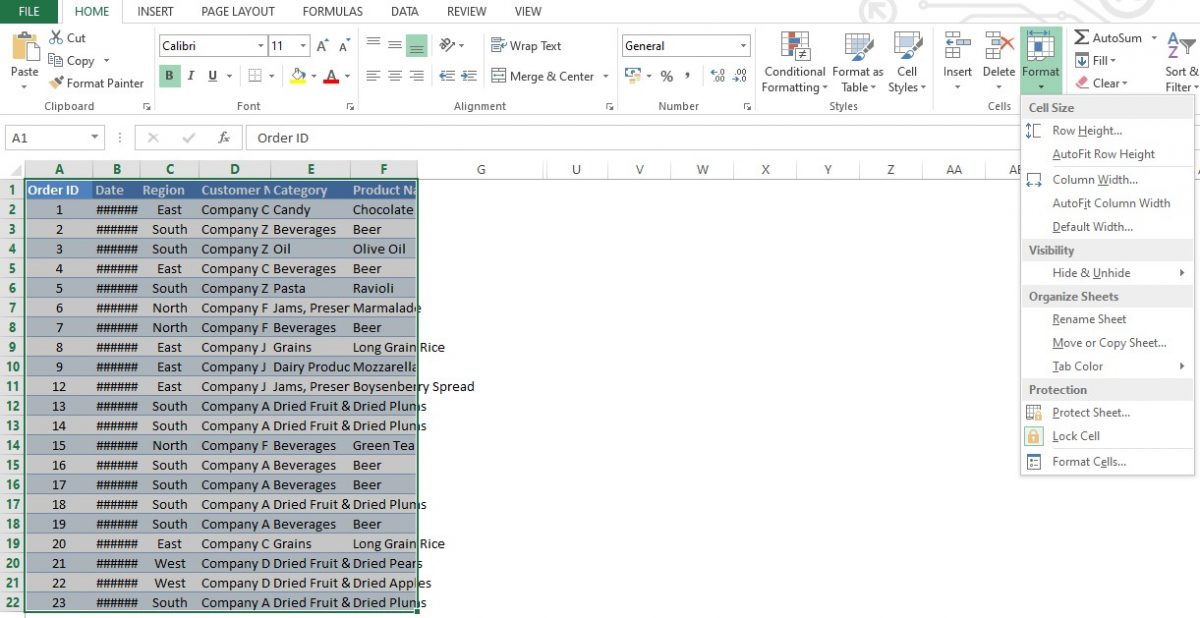 List of Options to Format Cells