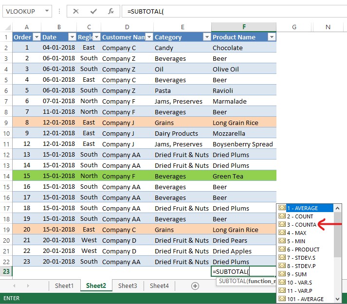 Choosing Subtotal Function