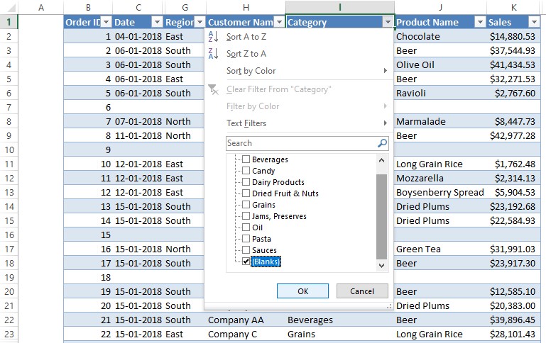 Selecting Blanks in Filter Drop down