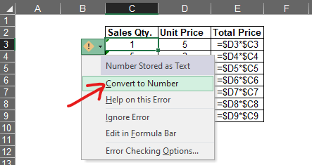 Selecting Convert to Number option
