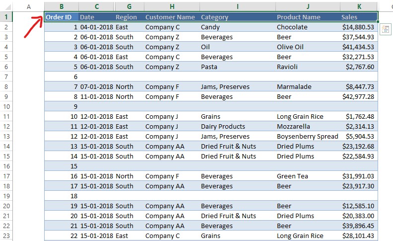 Selecting Header Row