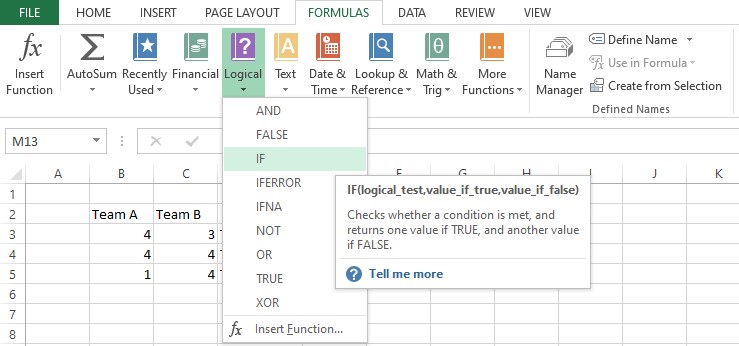 Selecting IF from Formulas Tab