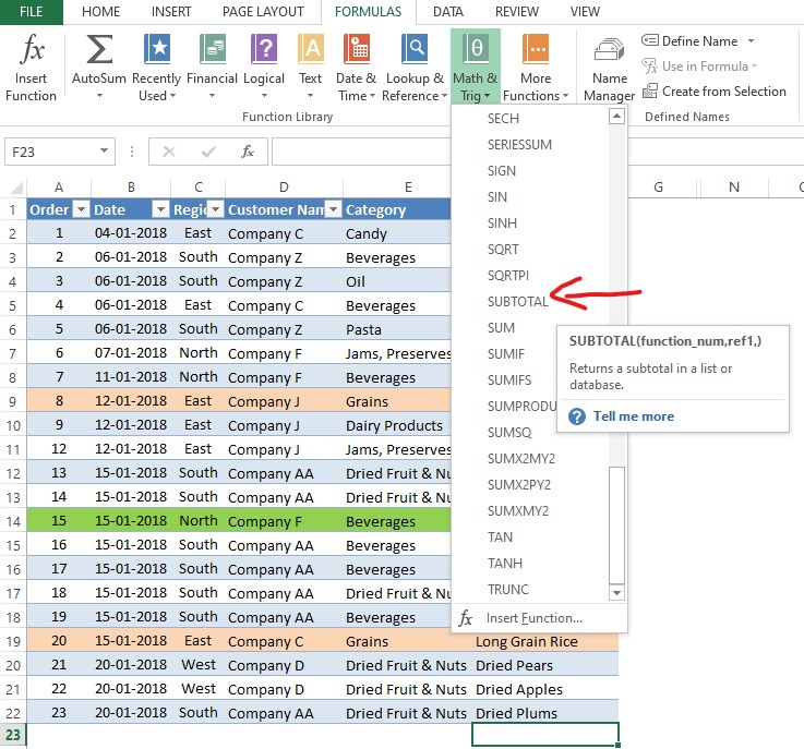 Selecting Subtotal