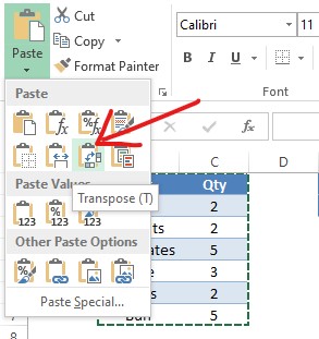 Selecting Transpose from Paste