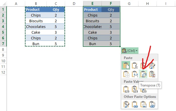 Selecting Transpose icon