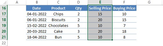 Selecing Selling Price Column