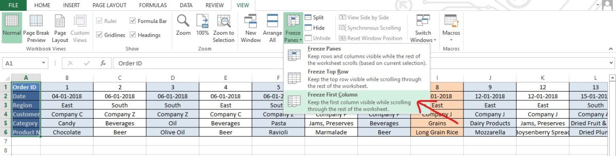 Selecting Freeze First Column Option