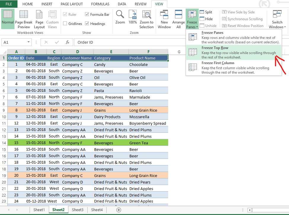 Selecting Freeze Top Row