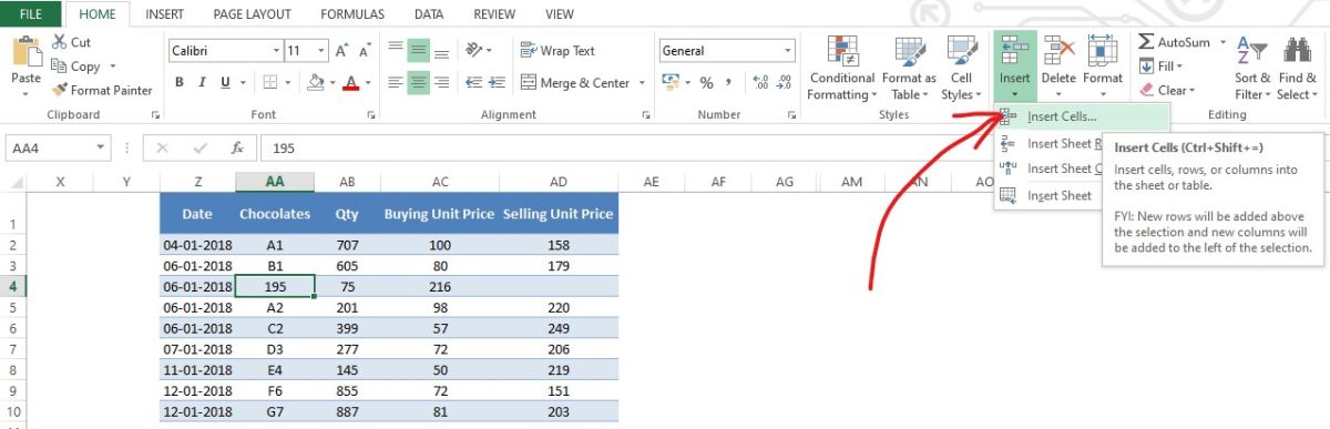 Selecting Insert Cells