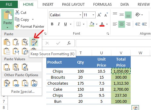 Selecting Keep Source Formatting