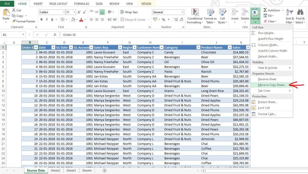 Selecting Move or Copy Sheet