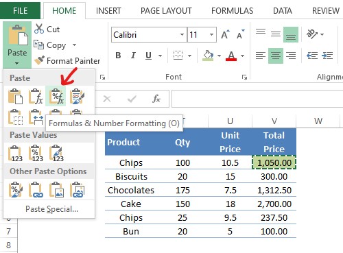 Selecting Paste Formulas Number Formatting