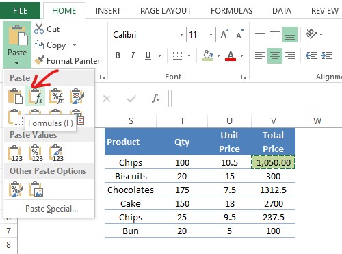 Selecting Paste Formulas