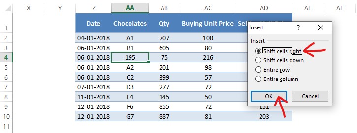 Selecting Shift Cells Right