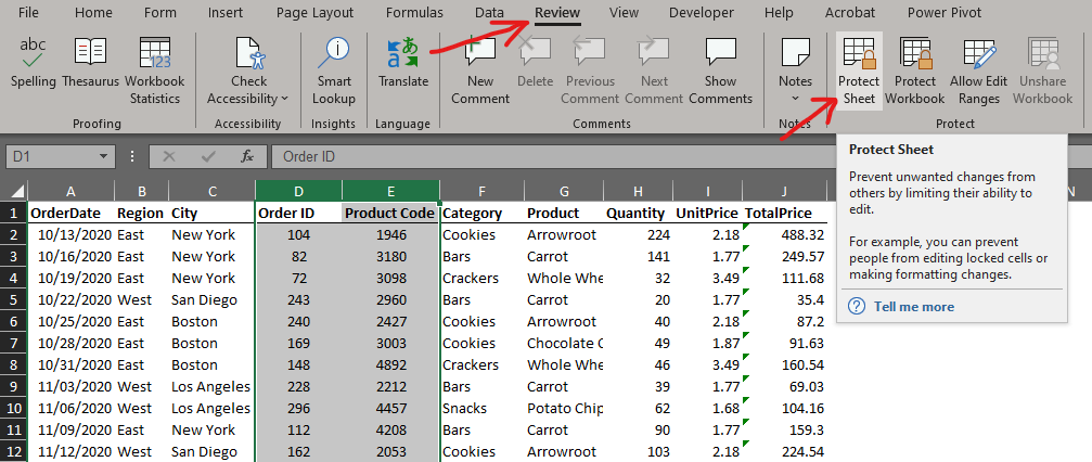 Locating Protect Sheet Option