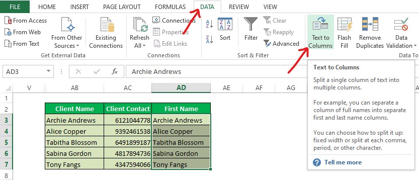 Locating Text to Columns Option