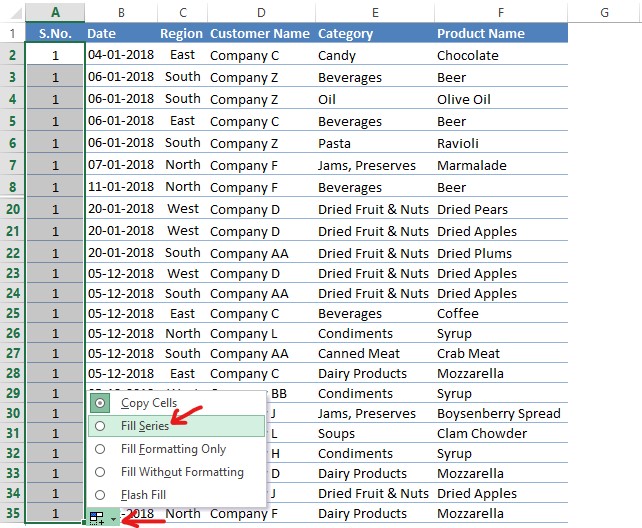 Selecting Fill Series Option