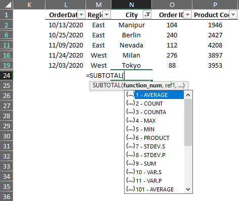 Constructing SUBTOTAL Formula