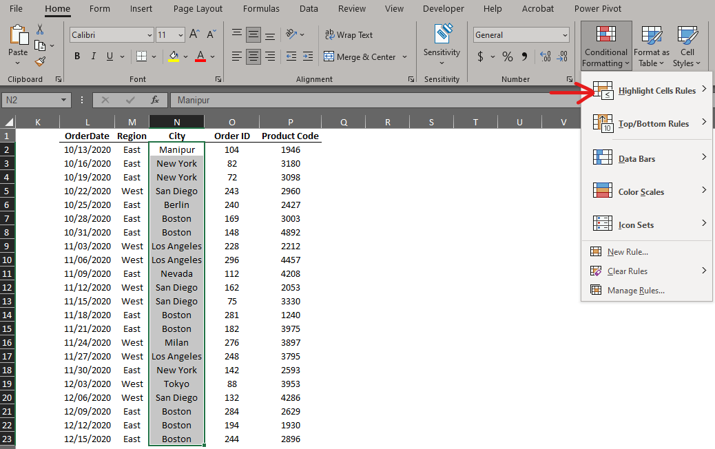 Locating Highlight Cells Rules Option