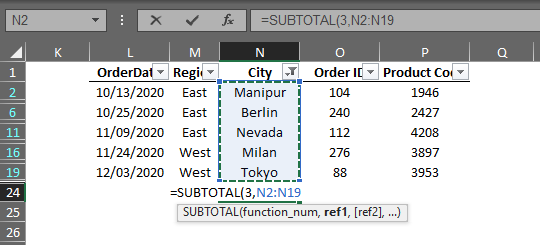 SUBTOTAL Formula Constructed