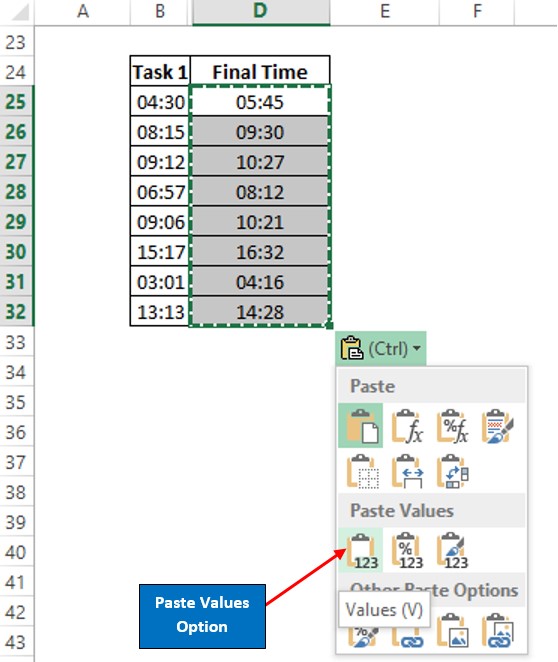 Selecting Paste Values Option